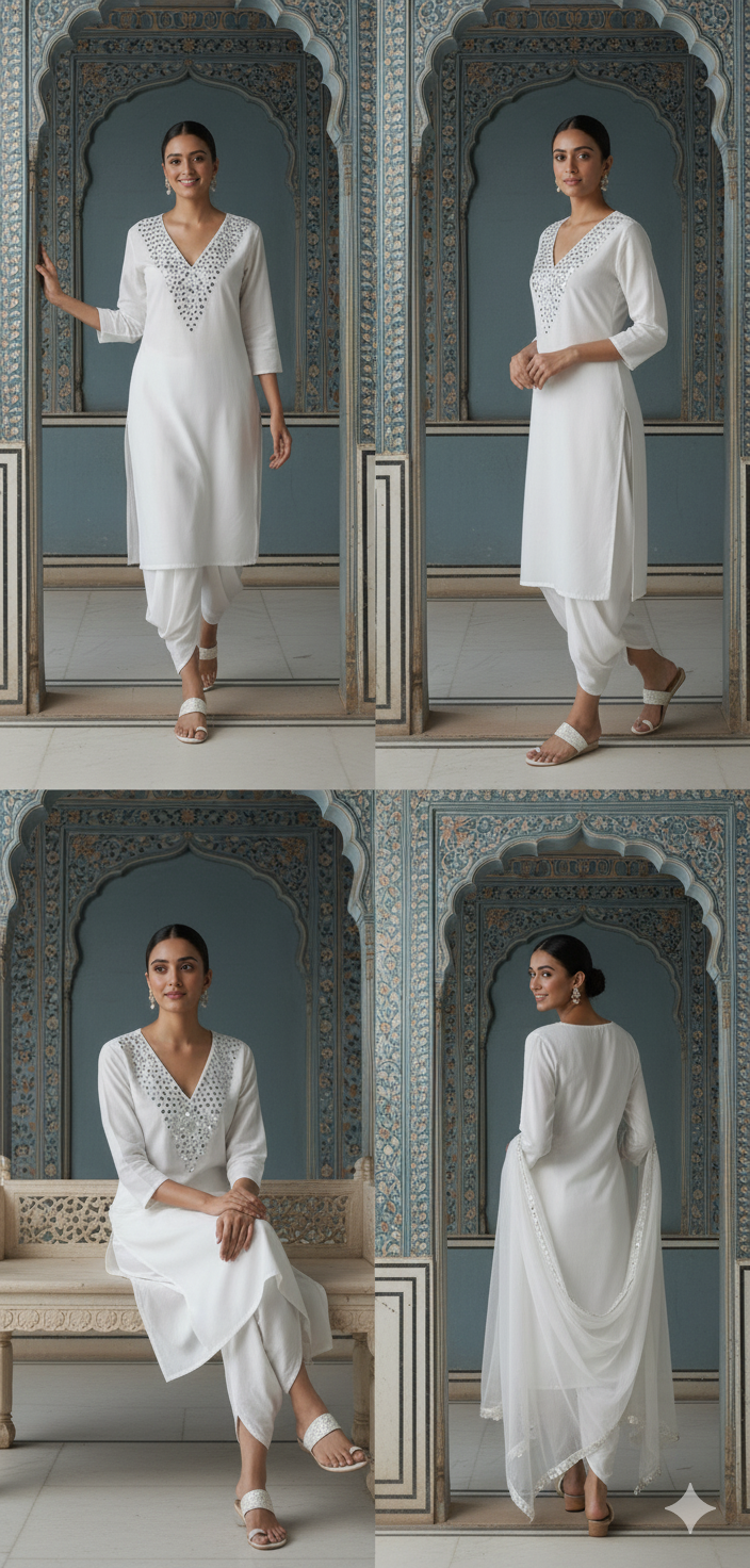 White Mirror Work Kurta With Tulip Pants