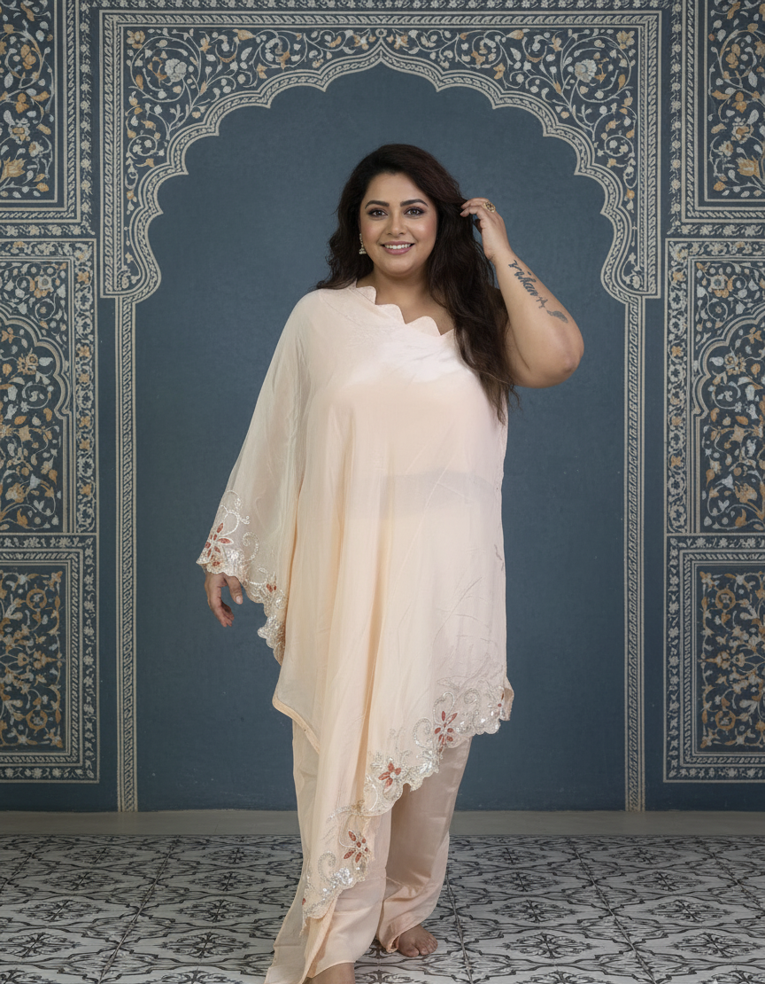 Peach One Shoulder Co-ord Set With Embroidery Over the Borders