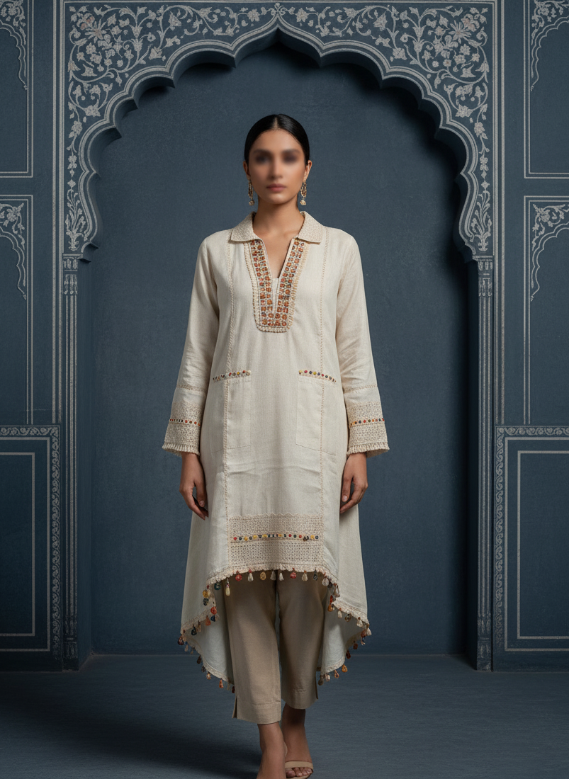 Pure Linen Co-ord Set With Beads Work Embroidery