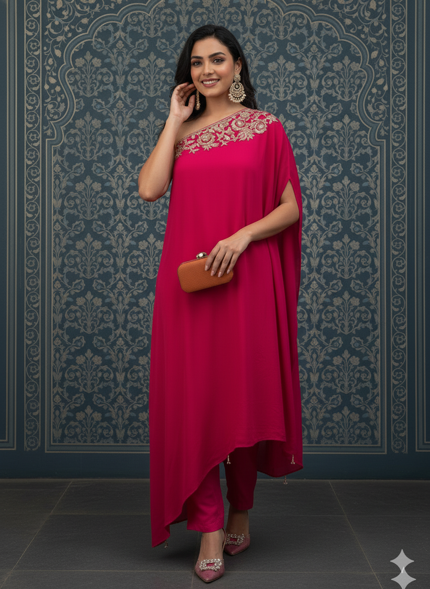 The Fuchsia One-Shoulder Dress with Matching Pants With Beautiful Embroidery