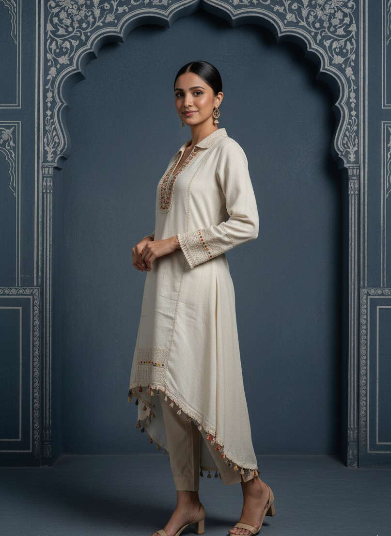 Pure Linen Co-ord Set With Beads Work Embroidery