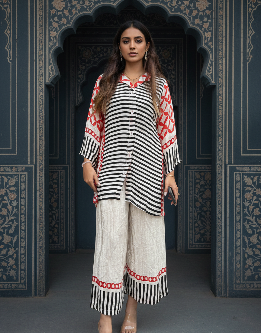 Black and White Striped Top With Orange Patterns And White Pants With Orange Geometrical Patterns