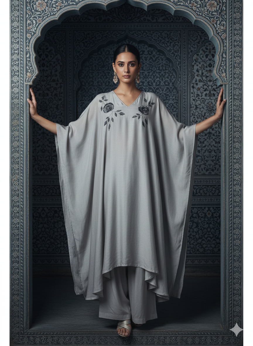 Grey Kaaftan With Handwork Embroidered Chest