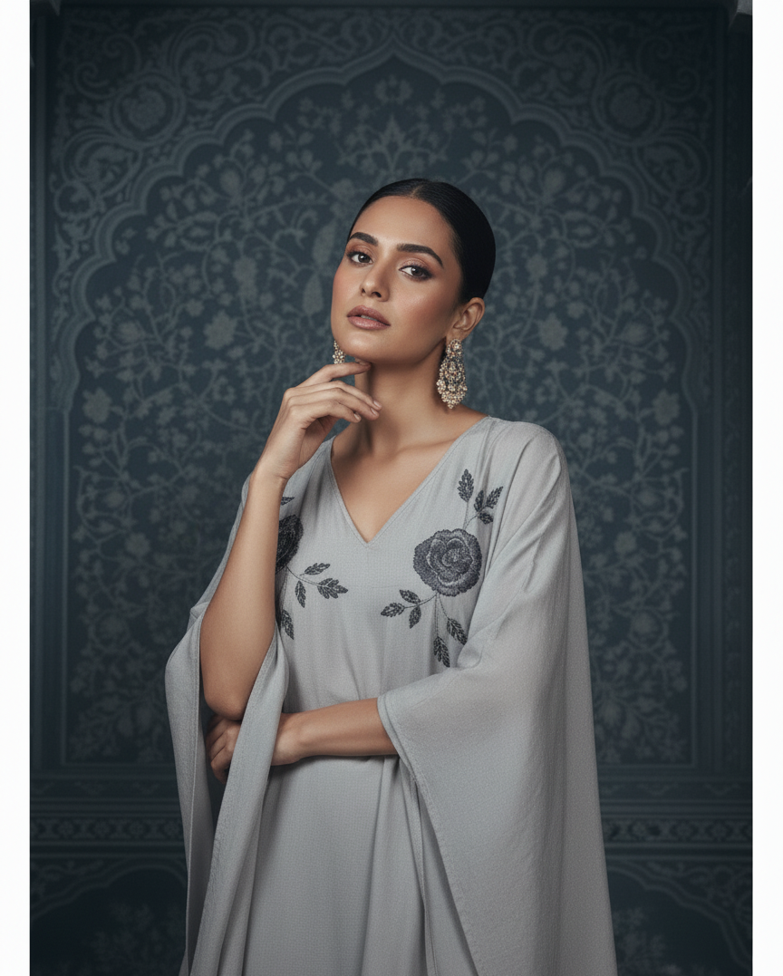 Grey Kaaftan With Handwork Embroidered Chest