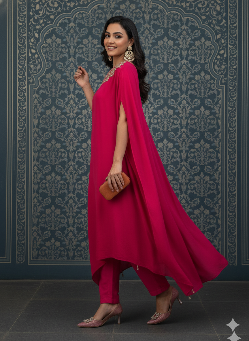 The Fuchsia One-Shoulder Dress with Matching Pants With Beautiful Embroidery
