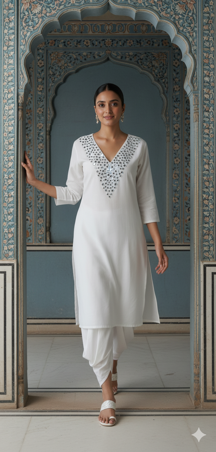 White Mirror Work Kurta With Tulip Pants