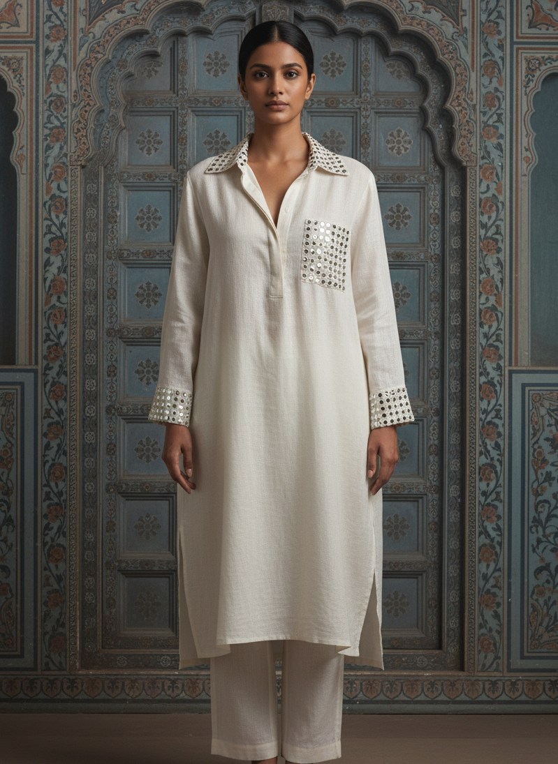Off White Co-ord Set With Mirror Work Detailing In Linen Fabric