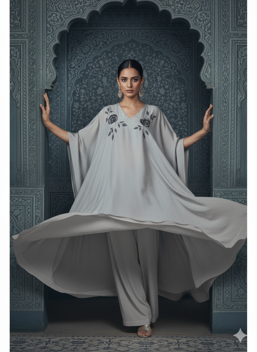 Grey Kaaftan With Handwork Embroidered Chest