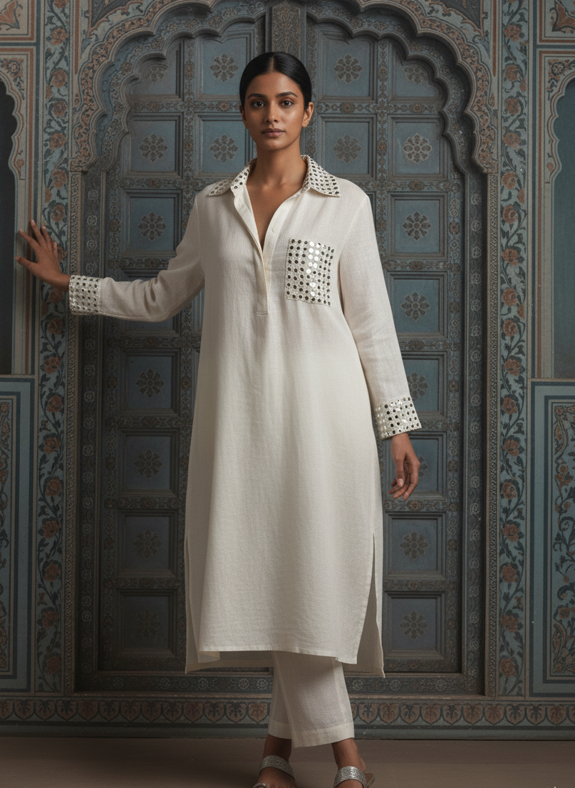 Off White Co-ord Set With Mirror Work Detailing In Linen Fabric