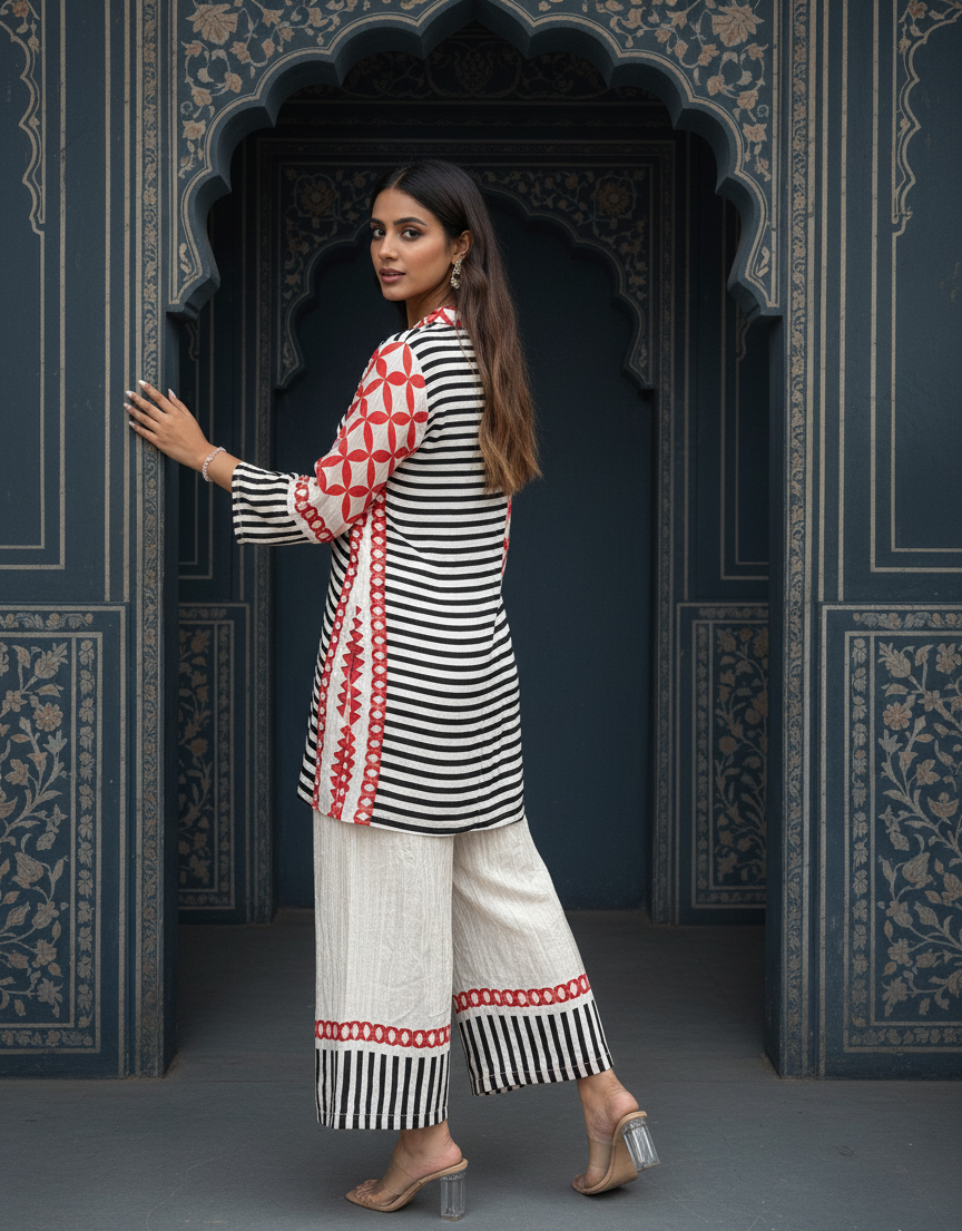 Black and White Striped Top With Orange Patterns And White Pants With Orange Geometrical Patterns