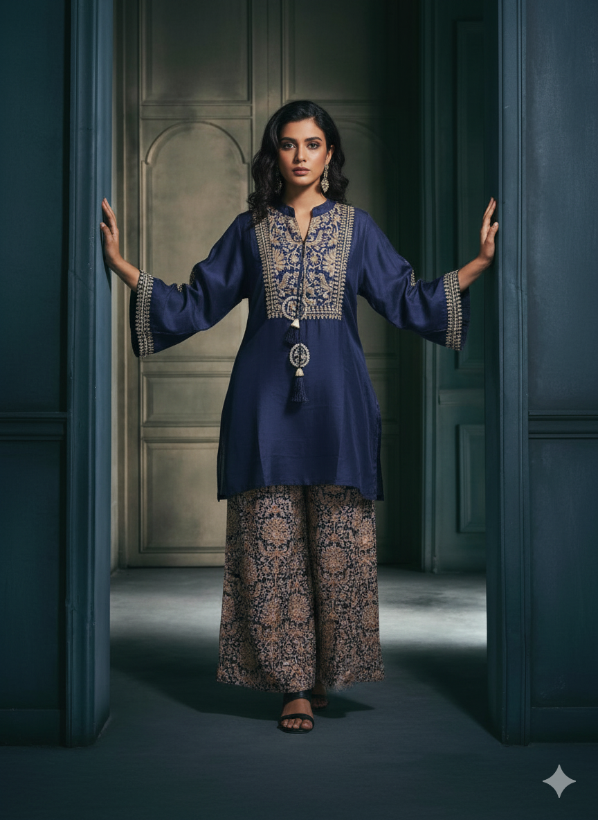 Beautifully Contrasted Blue Coord With Banarasi Pants