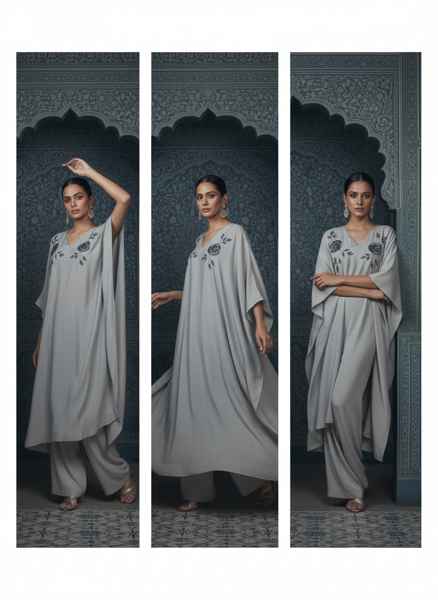 Grey Kaaftan With Handwork Embroidered Chest