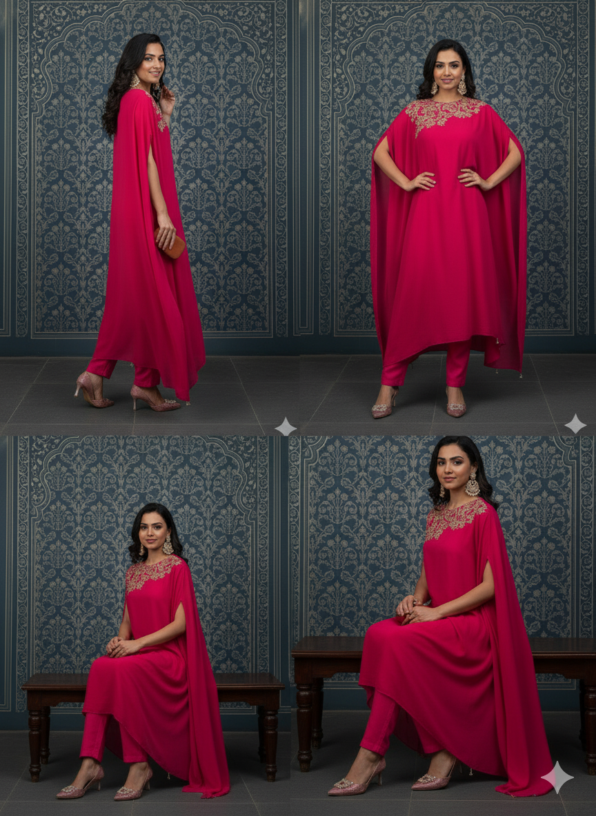 The Fuchsia One-Shoulder Dress with Matching Pants With Beautiful Embroidery