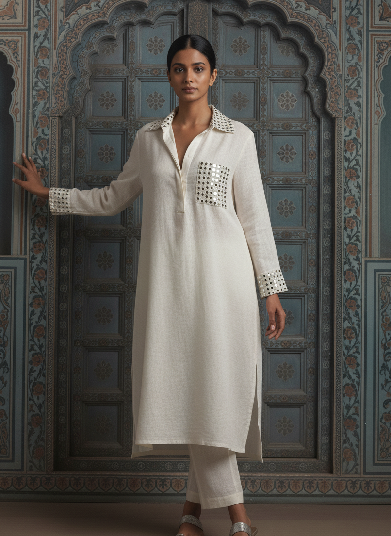 Off White Co-ord Set With Mirror Work Detailing In Linen Fabric