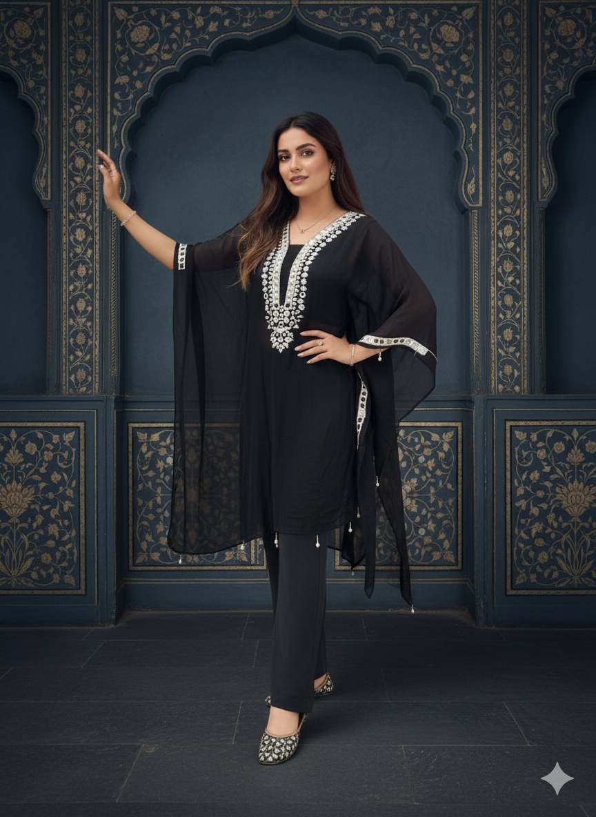 Black Mirror Work Kaaftan With Black Pants
