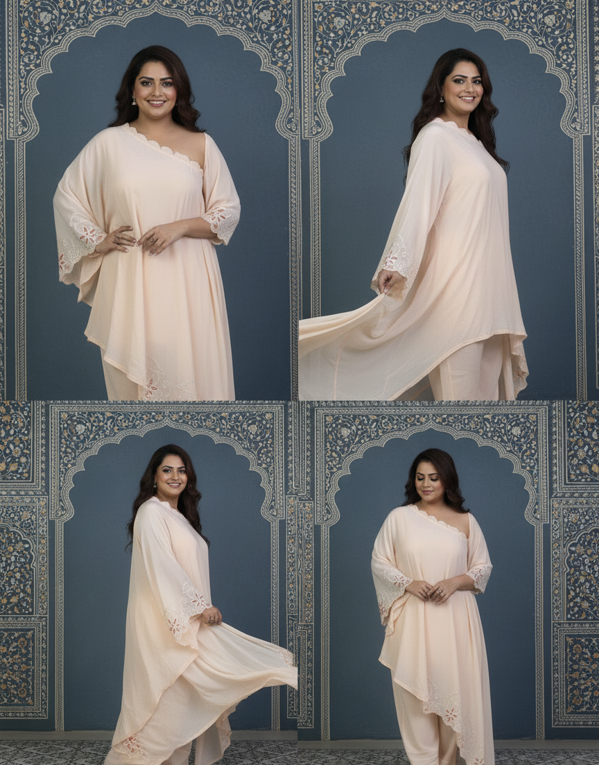 Peach One Shoulder Co-ord Set With Embroidery Over the Borders