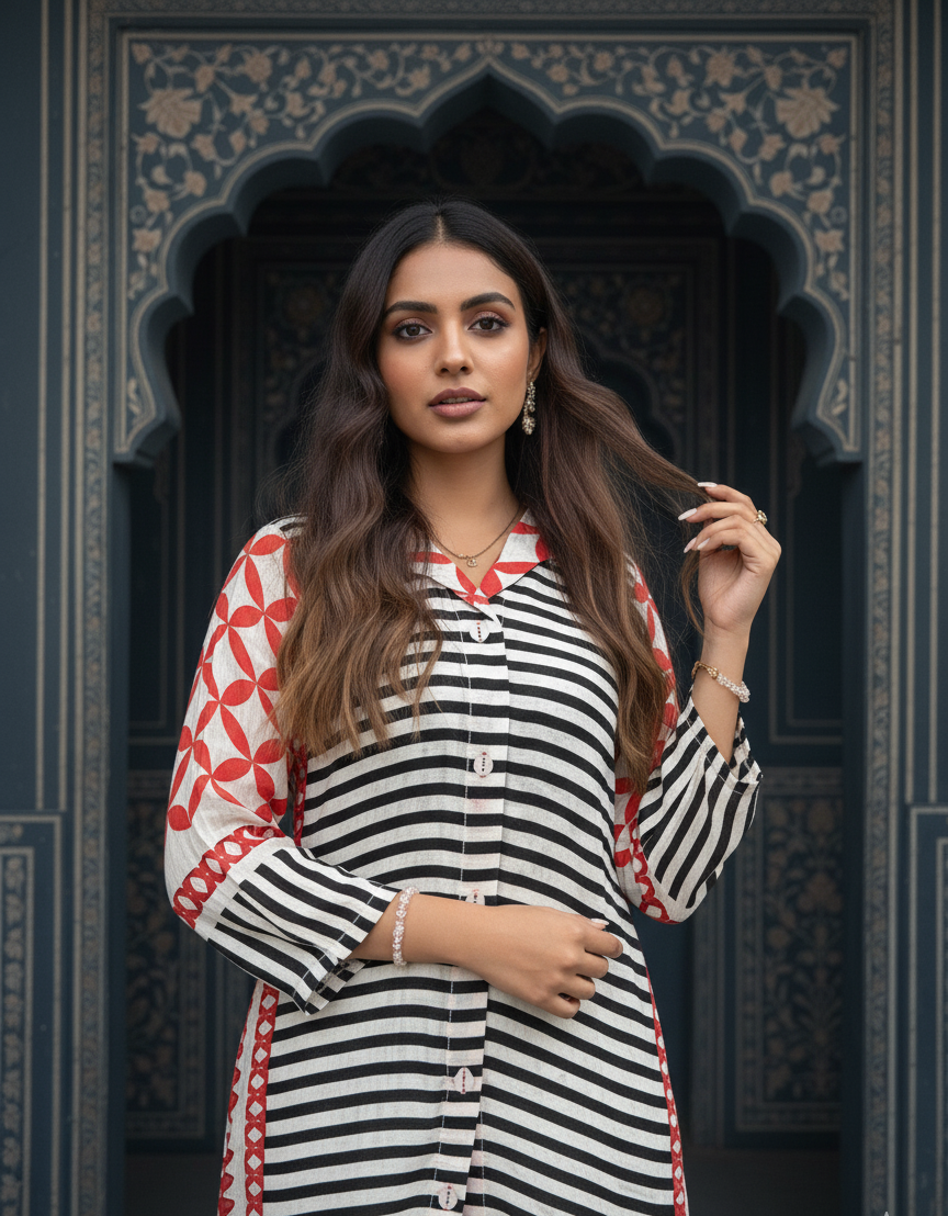 Black and White Striped Top With Orange Patterns And White Pants With Orange Geometrical Patterns