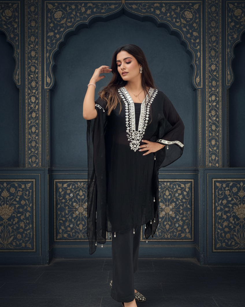 Black Mirror Work Kaaftan With Black Pants