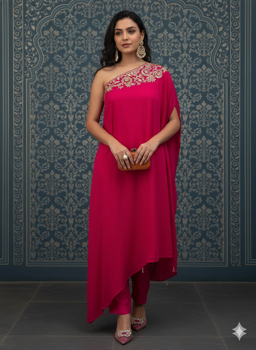 The Fuchsia One-Shoulder Dress with Matching Pants With Beautiful Embroidery