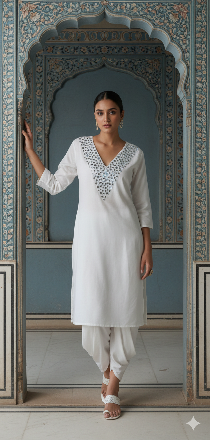White Mirror Work Kurta With Tulip Pants