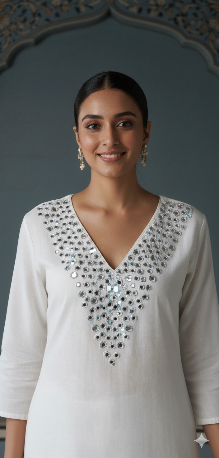 White Mirror Work Kurta With Tulip Pants