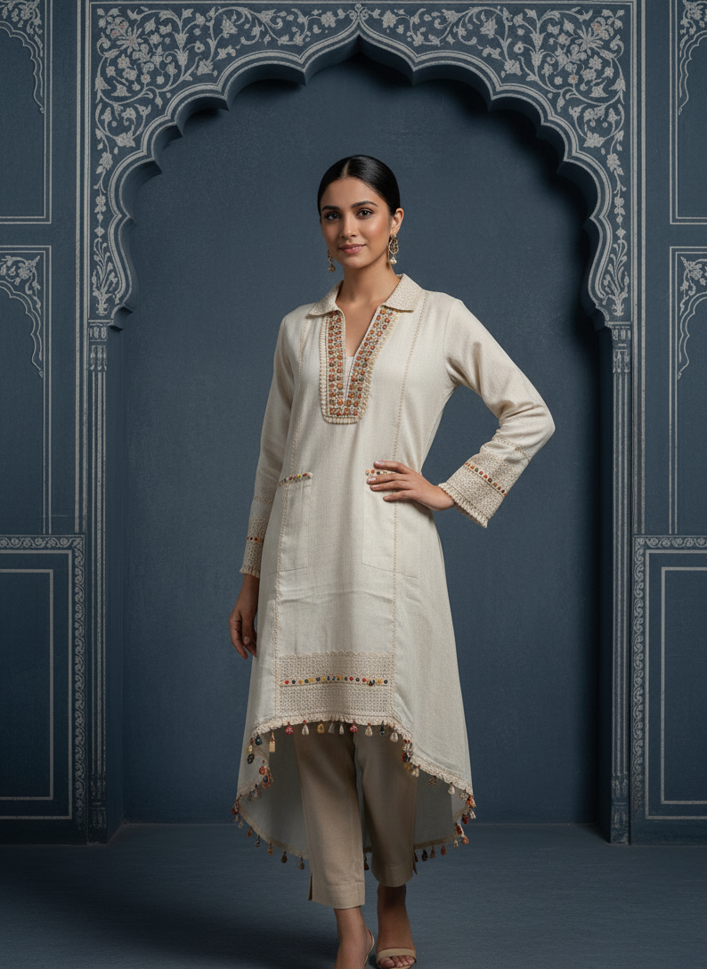 Pure Linen Co-ord Set With Beads Work Embroidery