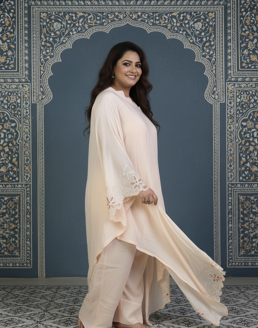 Peach One Shoulder Co-ord Set With Embroidery Over the Borders