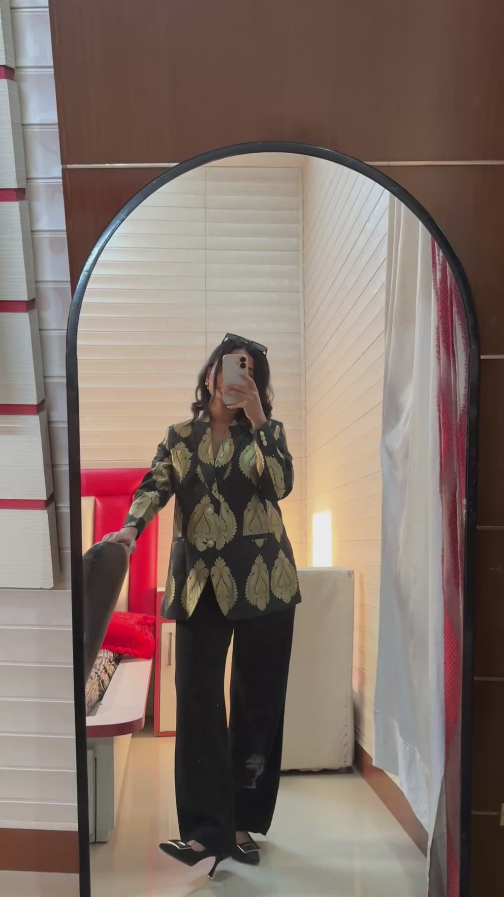 Black Brocade Blazer With Gold Embossed Printing