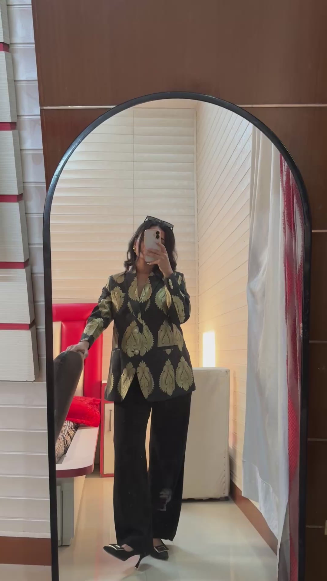 Black Brocade Blazer With Gold Embossed Printing