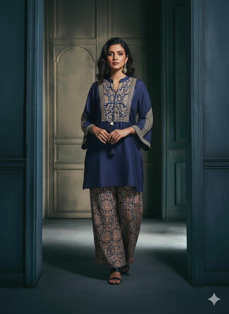 Beautifully Contrasted Blue Coord With Banarasi Pants