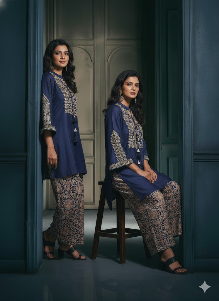 Beautifully Contrasted Blue Coord With Banarasi Pants