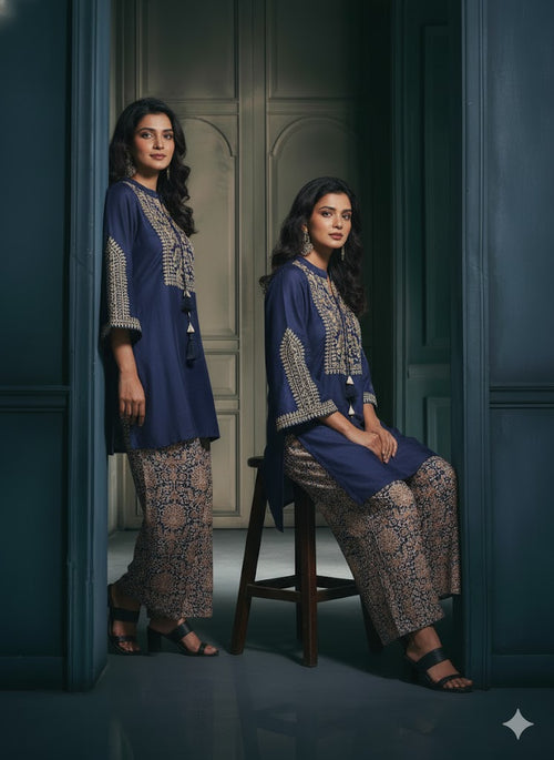 Beautifully Contrasted Blue Coord With Banarasi Pants