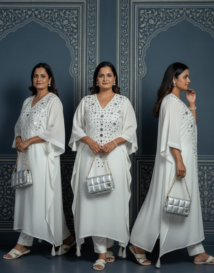 Hans White Kaaftan With Beautiful Mirror Detailing