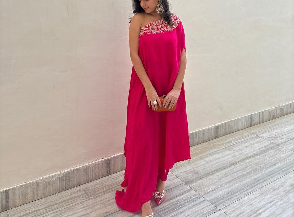 The Fuchsia One-Shoulder Dress with Matching Pants With Beautiful Embroidery